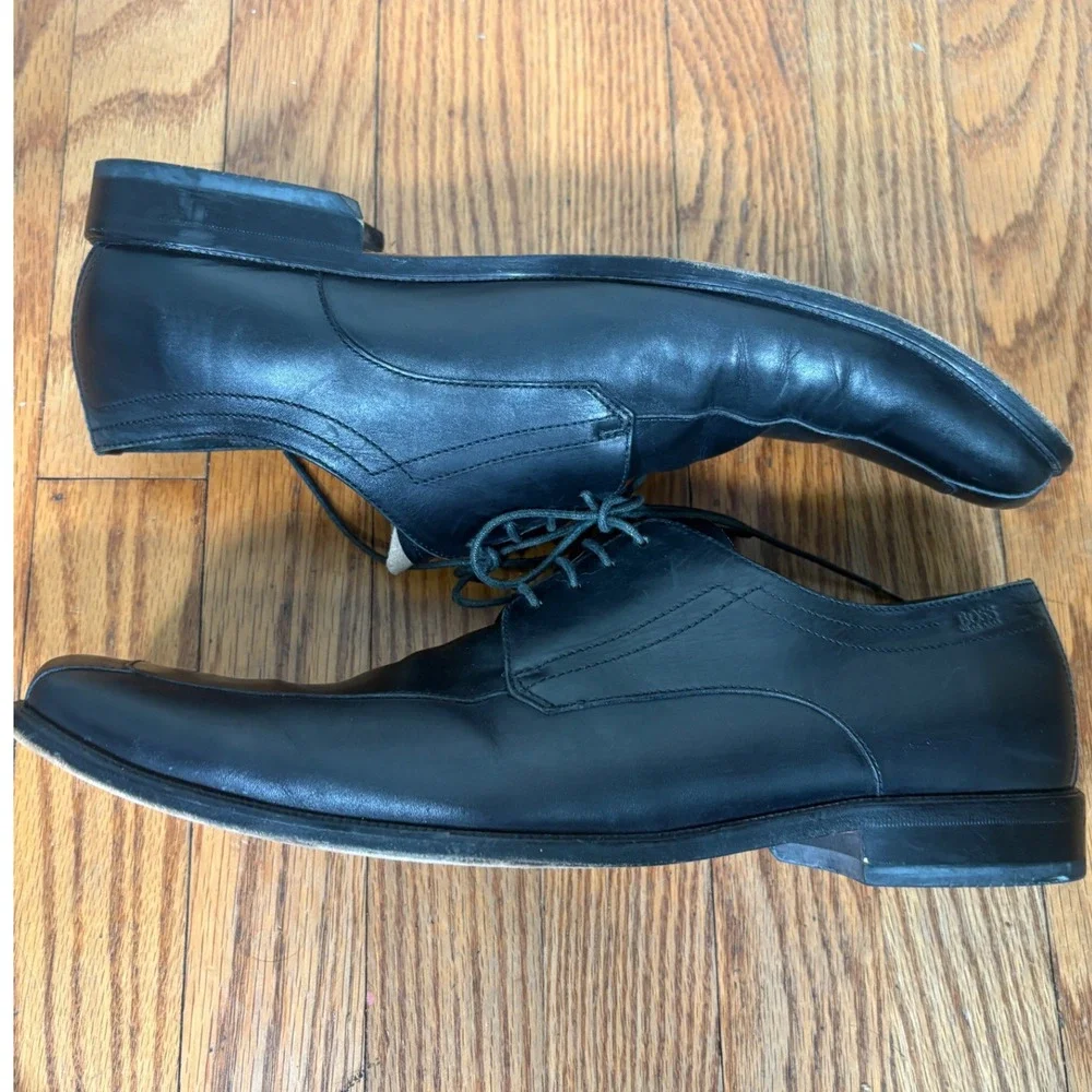 Hugo Boss Black Leather Square Toe Derby Dress Shoes Italy Classic Men's 11‎